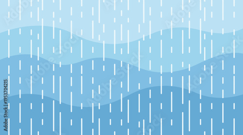 Stylized illustration of rain falling over abstract blue wavy hills or water, depicting a serene rainy day.