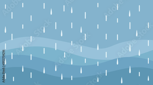 Stylized illustration of falling white raindrops on a wavy blue background, depicting a rainy weather pattern.