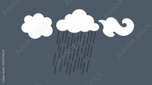 Three white cartoon-style clouds, with the central cloud raining, against a dark grey background, depicting weather conditions.