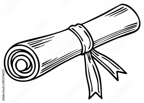 Hand drawn sketch of a rolled up diploma tied with a ribbon for academic achievement