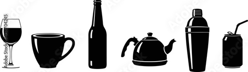 Vector silhouette collection of beverage containers including wine glass coffee mug beer bottle tea kettle cocktail shaker and soda can with straw isolated on white background