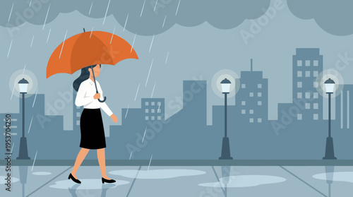 A woman walks through a rainy city street holding an orange umbrella under a cloudy sky with buildings and streetlights in the background.