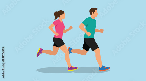 Illustration of a man and a woman jogging together, wearing athletic attire, against a simple light blue background, depicting a healthy lifestyle and exercise.