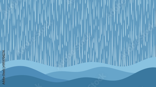 Abstract illustration of heavy rain falling over blue rolling hills or waves, depicting a wet and watery landscape.
