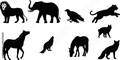 Wild animal silhouette collection featuring lion, elephant, eagle, leaping panther, wolf, fox, and horses, perfect for nature conservation, wildlife education, and hunting logo designs.