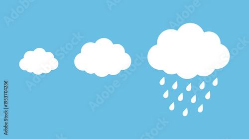 Three white clouds against a blue sky, with the largest cloud raining.