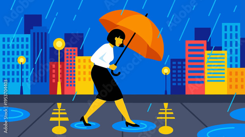 An illustrated woman walks through a rainy city street at night, holding an orange umbrella against the downpour and wind, with colorful buildings in the background.