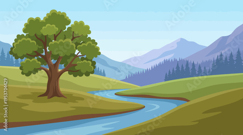 A vibrant cartoon landscape featuring a large green tree on a hill, a winding blue river, and distant layered mountains under a clear blue sky.