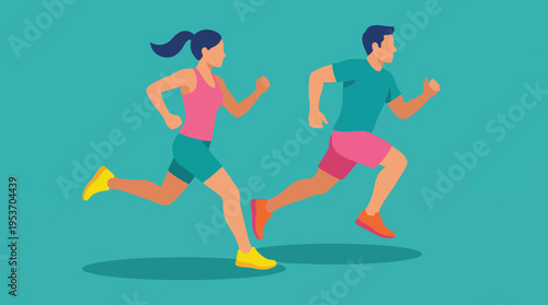 An illustration of a man and a woman running together in activewear against a teal background, depicting fitness and exercise.