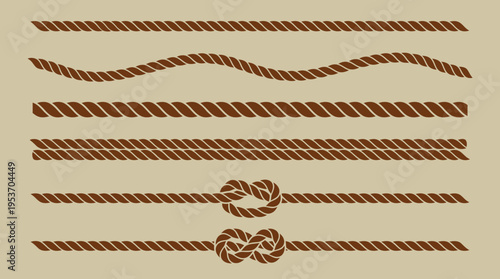 Collection of brown ropes with various styles including straight, wavy, and knotted designs on a light background.