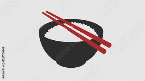 A simple graphic illustration of a black bowl filled with white rice, with red chopsticks resting on top, against a light grey background.