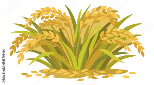 A vibrant illustration of golden rice plants with ripe grains and scattered kernels, ready for harvest.