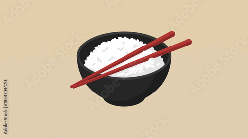 A black bowl filled with white rice, with two red chopsticks resting on top, set against a plain beige background.