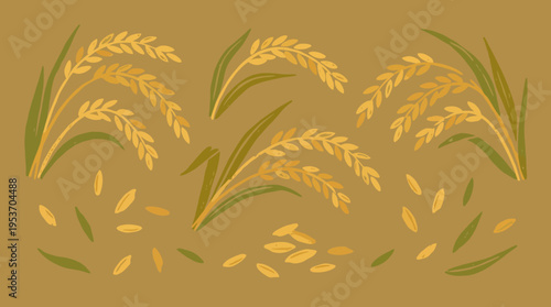 Illustration of golden rice stalks with grains and green leaves, scattered rice seeds on a brown background.