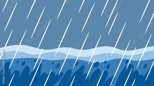 Stylized illustration of heavy rain falling onto a wavy blue body of water, depicting a stormy weather scene.