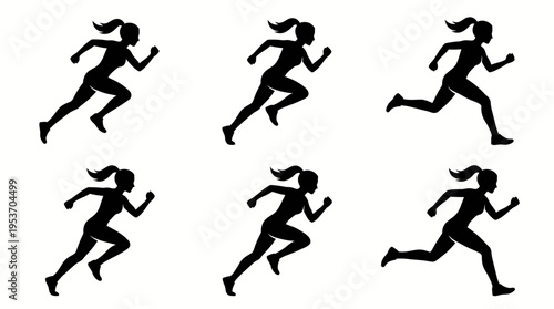 Six black silhouettes of a female runner in various stages of motion, depicting speed, fitness, and athletic activity on a white background.