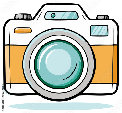 Cartoon illustration of a digital camera with a large lens and orange accents