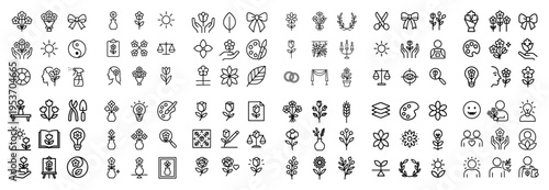 Floral icons with flower leaf wreath line