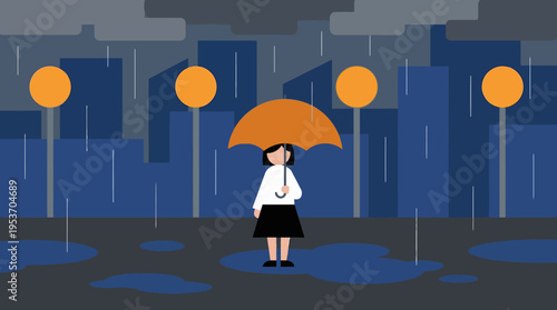 An illustration of a person holding an orange umbrella in the rain, with city buildings and streetlights in the background and puddles on the ground.