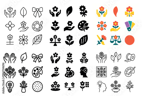 Floral icons with flower leaf hand minimal