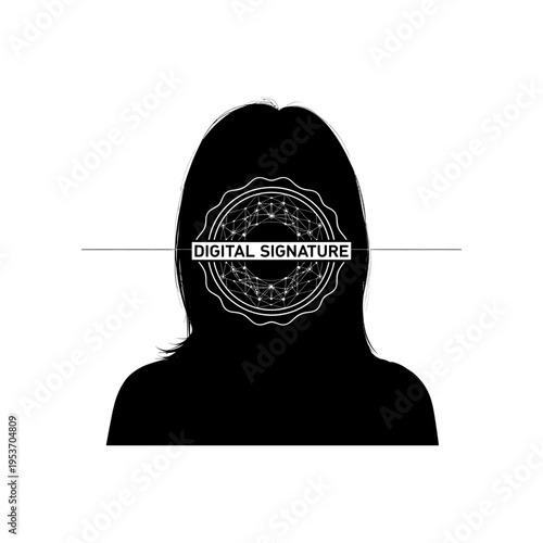 Silhouette of a person with long hair and a digital signature stamp overlay