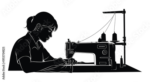 A woman intently operating a vintage singer sewing machine captured in a striking black silhouette high quality professional detailed modern elegant