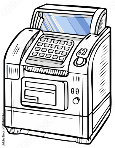 Hand drawn illustration of a business cash register with a keypad and display screen