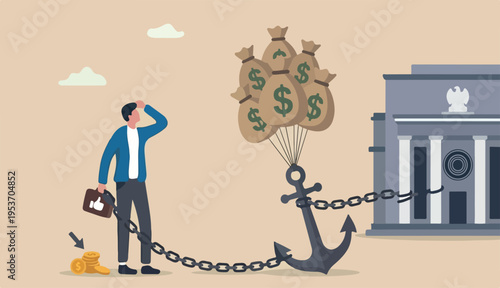 Monetary policy to lower inflation, keep cost expense low profit, FED central bank interest rate control metaphor, businessman government into burden anchor tie money dollar balloon
