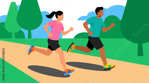 An illustration of a man and a woman jogging together on a path in a park, enjoying an outdoor workout.