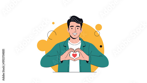 Young man smiling warmly while making a heart shape with his hands to show love in front of a yellow circular background.