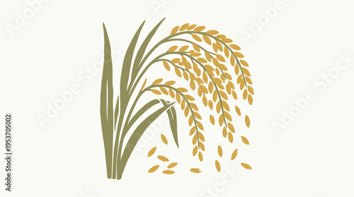 Stylized illustration of golden rice stalks with mature grains and scattered seeds on a light background.
