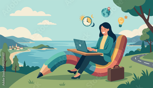 Flexible work, remote work anywhere anytime, employee choice choose time and location for productivity and creativity concept, cheerful woman enjoy working with computer laptop on flex bent pencil.