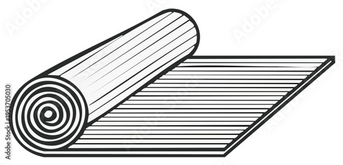 Rolled up yoga mat unrolling with textured lines, black and white illustration