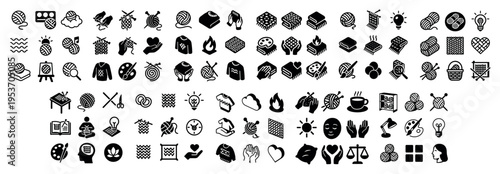 Craft icons with yarn and knitting needles outline