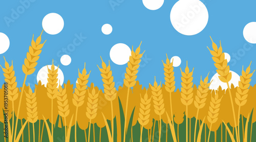 Stylized illustration of a golden wheat field under a blue sky with abstract white circles, depicting a bountiful harvest scene.
