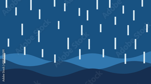 Stylized illustration of white rain falling onto dark blue wavy surfaces, depicting a rainy weather scene.