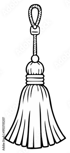 Illustration of a hanging decorative tassel in outline style for design elements and crafts