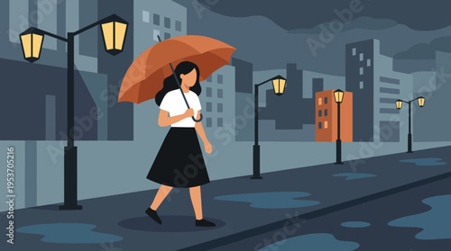An illustration of a woman walking alone on a dark, rainy city street at night, holding an orange umbrella with streetlights illuminating the wet pavement.