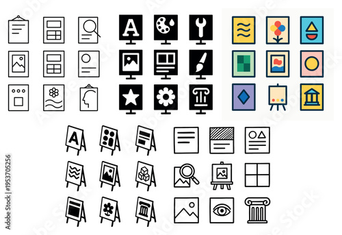 Art icons with easel monitor palette flat outline