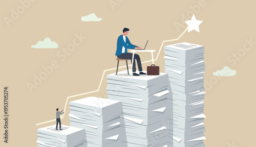 Ability to work under pressure, leadership skill success, control stressed into complete within timeline concept, calm confident businessman working laptop carrying load paperwork