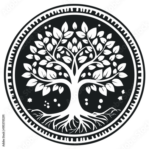 Stylized Celtic Tree of Life emblem with intricate roots and leafy branches enclosed in a decorative circular border, symbolizing growth and interconnectedness.