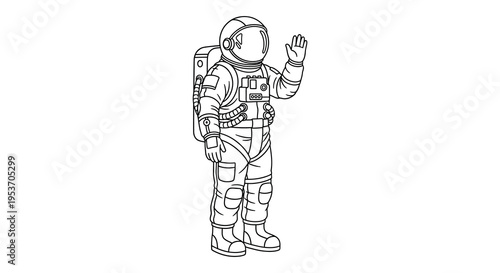 A detailed line drawing depicts an astronaut in a spacesuit waving showcasing a striking silhouette high quality professional modern elegant stylish