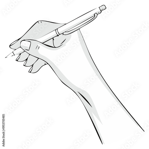 Writing hand holding pen, sketch illustration. Line drawing of arm, fingers, and instrument.