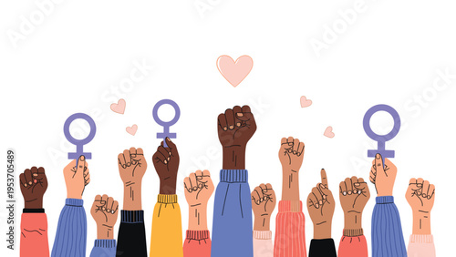 Diverse group of fists raised high in the air along with female symbols to represent women's empowerment and solidarity.