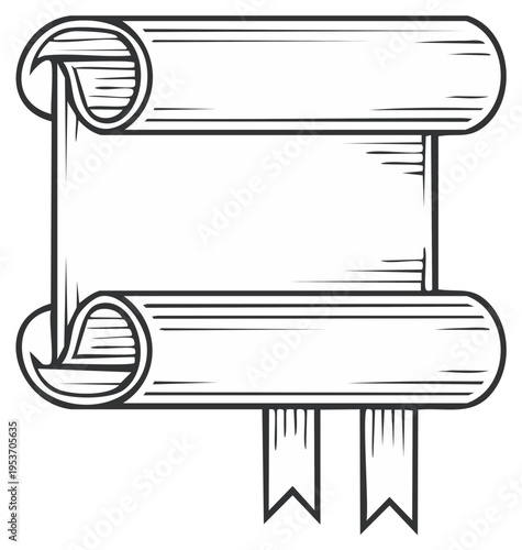 Decorative blank parchment scroll with rolled ends and vintage ribbon banners