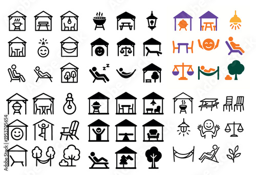 Leisure icons with gazebo hammock chair minimal