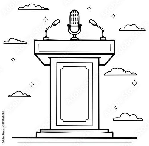Illustration of a podium with microphones and clouds symbolizing public speaking and debate
