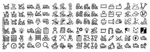 Construction icons with tractor shovel worker outline