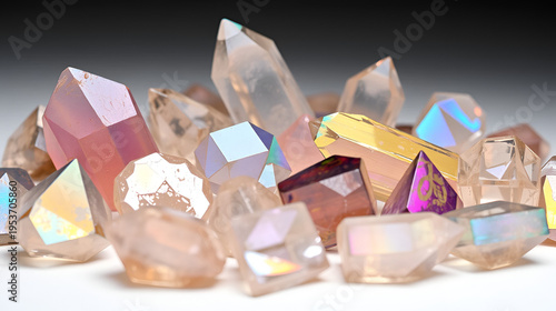 A collection of iridescent crystals, each displaying a unique array of colors and shapes