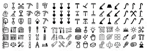 Gardening icons with shovel rake hoe minimal